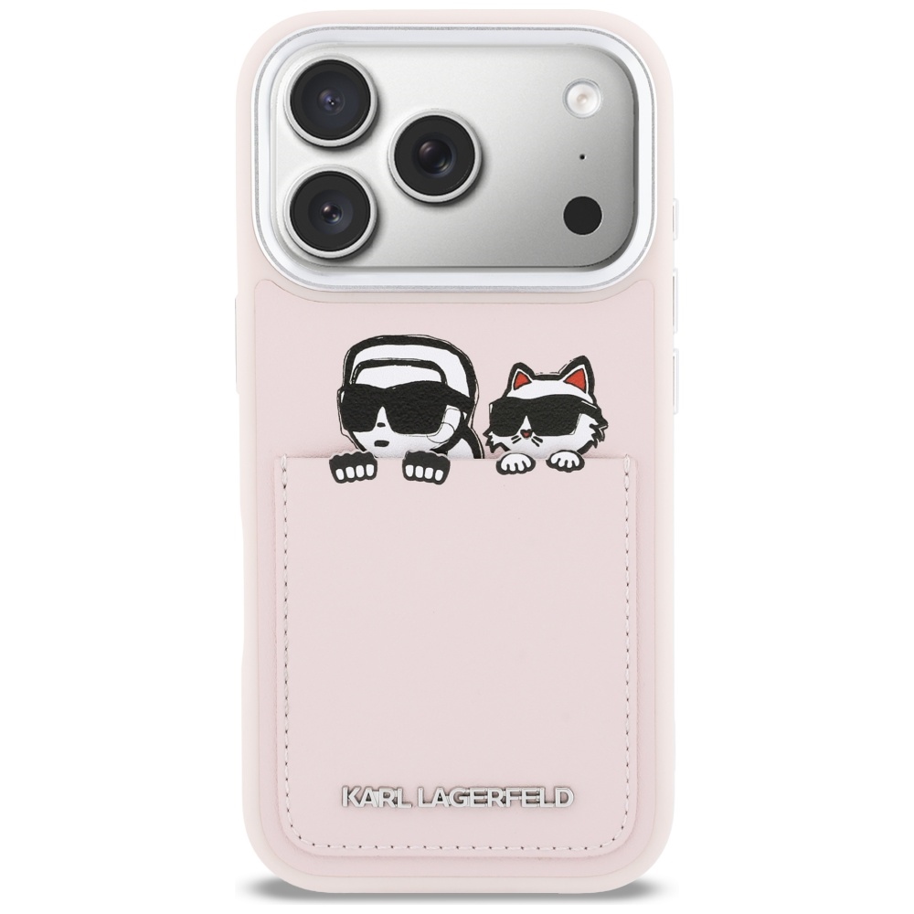 Karl Lagerfeld Karl & Choupette drukas un kabatas maciņš iPhone 17 Pro telefonam – rozā | Phone Case Cover (1)