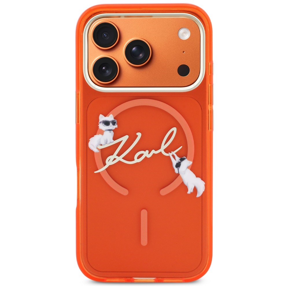 Karl Lagerfeld IML Choupettes Karl Script Logo MagSafe vāciņš ar MagSafe iPhone 17 Pro – oranžs | Phone Case Cover (1)