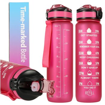 Necaurlaidīga Ūdens Pudele ar Laika Atgādinājuma Marķieri bez BPA, 1L, Rozā | Motivational Water Bottle with Time Marker Reminder Tracker