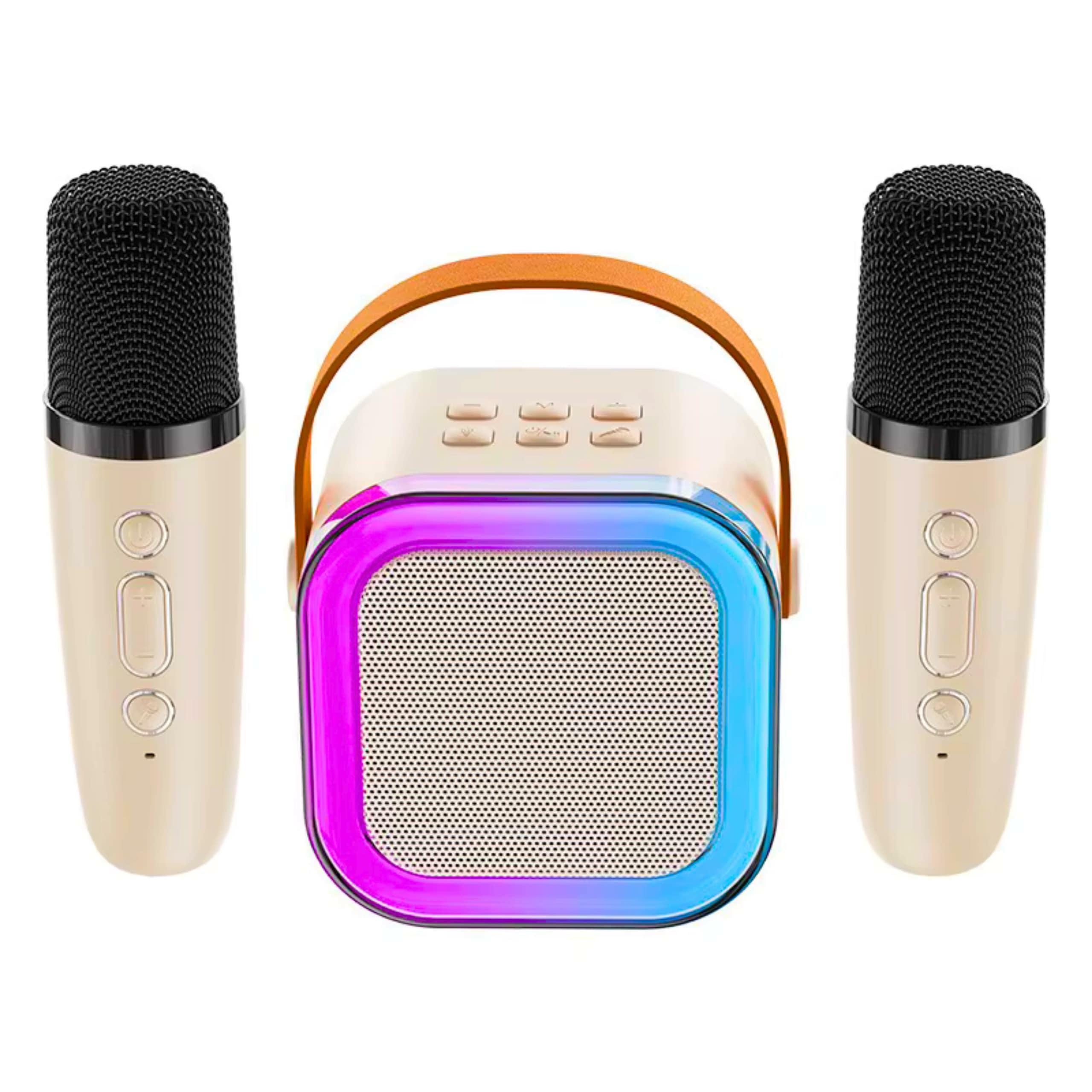 Bezvadu karaoke komplekts ar Bluetooth skaļruni un 2 mikrofoniem, bēšs
