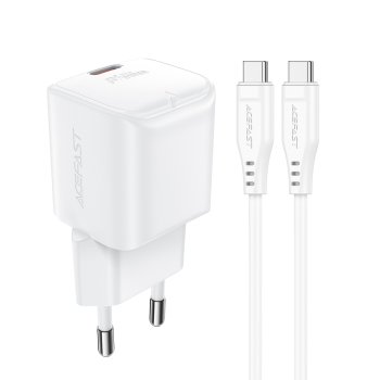 Acefast A77 Mini PD 30W GaN sienas lādētājs + USB‑C kabelis - balts