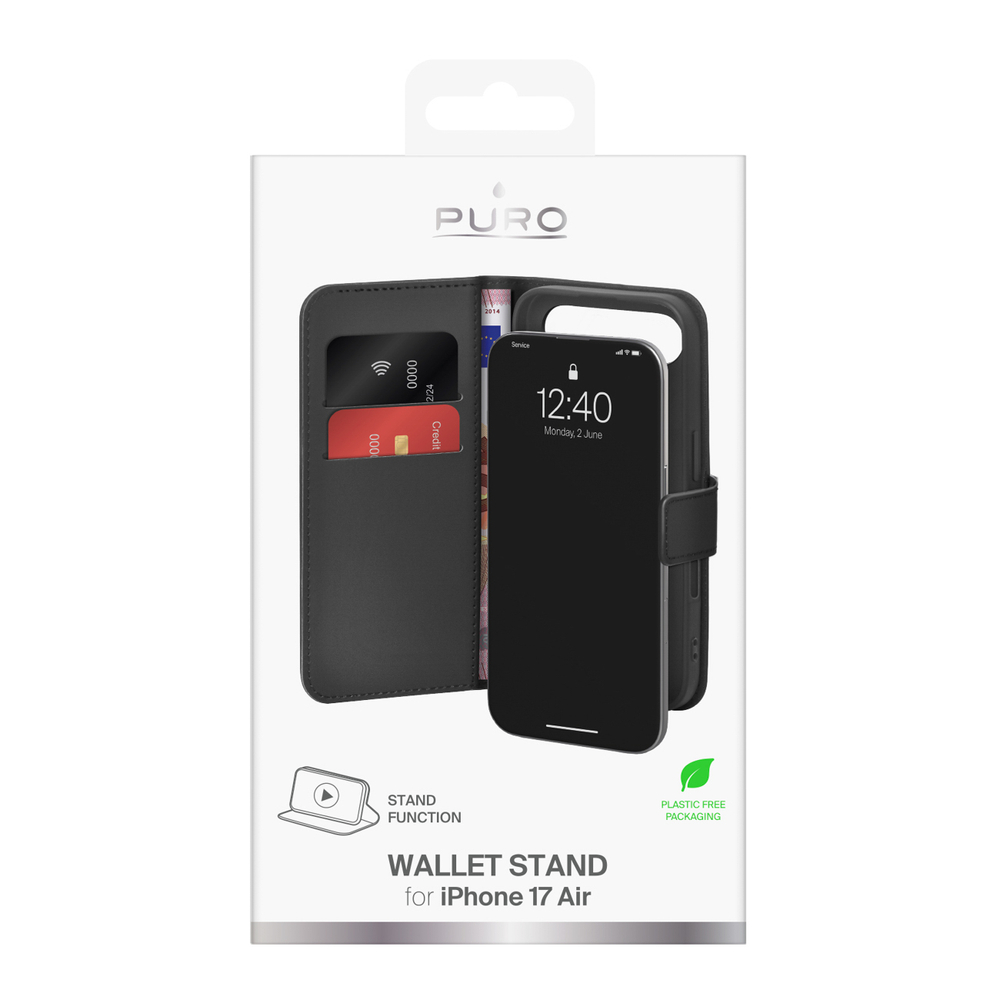 Puro Wallet Stand maciņš iPhone 17 Air, izgatavots no eko ādas, ar vāciņu, maku un statīva funkciju - melns |... (0)