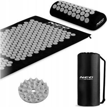 NEO Sport NS-901 akupresūras paklājs, akupunktūras adatu masāžas paklājiņš, Kuznecova aplikators, komplekts ar spilvenu, 127x48 cm, Melns/Pelēks