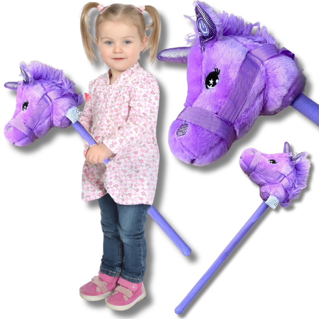 Rotaļu Zirdziņš Hobby Horse Plīša Zirga Galva uz Nūjas ar Skaņu, Violets | Kids Toy Hobby Horse