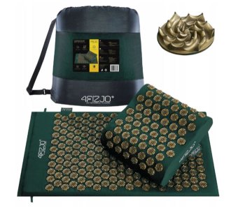 4Fizjo ERGO akupresūras paklājs, akupunktūras adatu masāžas paklājiņš, Kuznecova aplikators, komplekts ar spilvenu, 68x42 cm, Zaļš/Zelta | Acupuncture Massage Mat