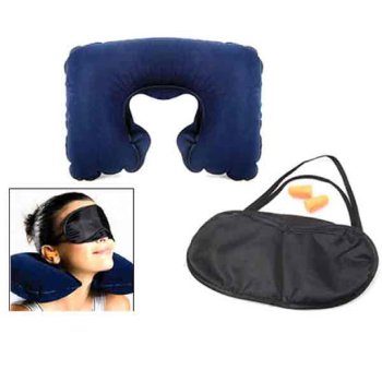 Piepūšams Spilvens ar Masku un Ausu Aizbāžņiem Austiņam Ceļojumiem Lidmašīnai Automašīnai komplekts, Dažādas krāsas | Inflatable Travel Neck Pillow with Mask and Ear