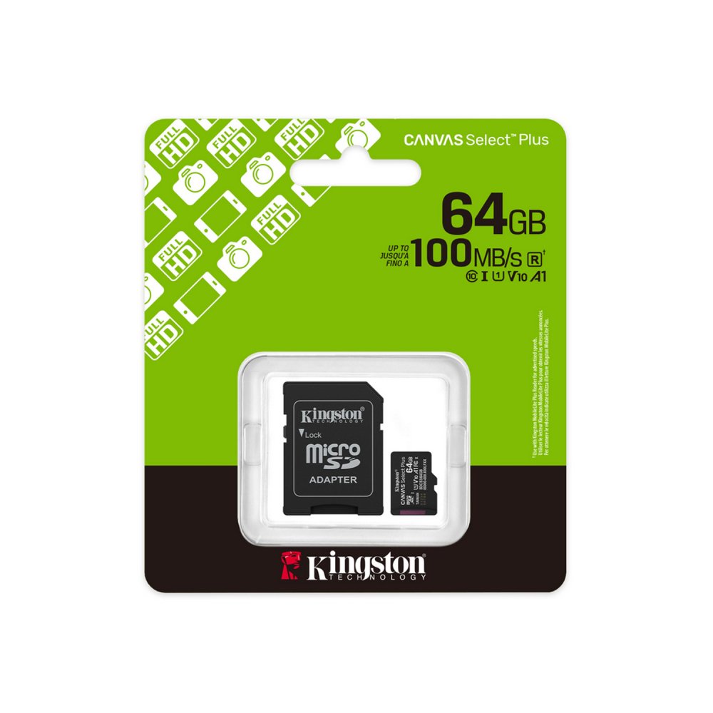 Kingston Canvas Select Plus 64GB microSD atmiņas karte 100MB/s ar adapteri, melna (1)