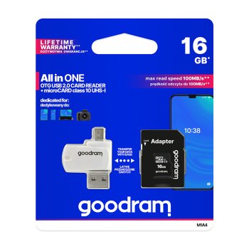 Atmiņas karte Goodram 16GB microSDHC UHS-I ar adapteri un lasītāju, melna