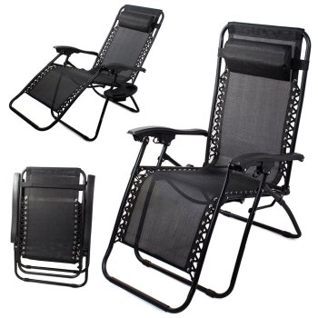 Dārza Pludmales Guļamkrēsls Atpūtas Saliekams Krēsls Zvilnis ar Paliktni, Melns | Garden Beach Deck Chair Folding...