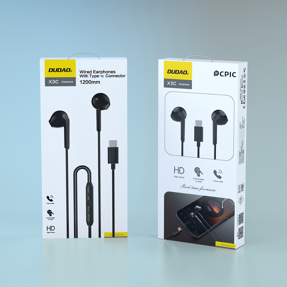 Dudao X3C ausīs ievietojamas vadu USB‑C austiņas 1,2 m – melnas (3)