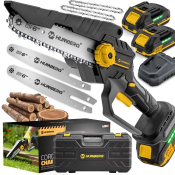 Akumulatora mini motorzāģis Humberg HM-421 ar bezsuku motoru un 2 baterijām