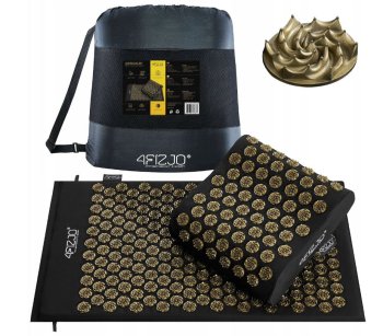 4Fizjo ERGO akupresūras paklājs, akupunktūras adatu masāžas paklājiņš, Kuznecova aplikators, komplekts ar spilvenu, 68x42 cm, Melns/Zelta | Acupuncture Massage Mat