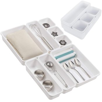Modulārs atvilktnes organizators galda piederumiem, kancelejas precēm, darbarīķiem, kosmētikai, Balts| Cutlery Stationery Storage Tray Organizer