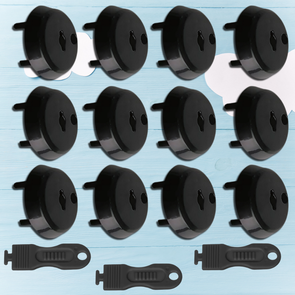 Rozešu aizsargi bērnu drošībai 12 gab., ar zemējumu un atslēgām, Nicekids, melni (3)