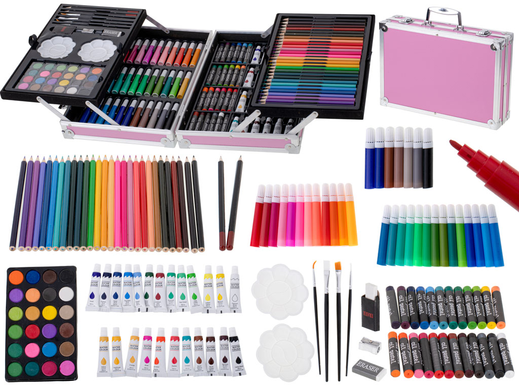 Gleznošanas un zīmēšanas piederumu zīmuļu flomasteru krītiņu krāsu komplekts (145 gab) bērniem koferī, rozā | Art Set Kit for Painting with Metal Suitcase