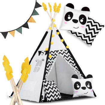 Bērnu Telts Tipi Vigvams ar Virteni un Gaismām Nukido, Balta-melna | Baby Tipi Tent Wigwam with Garland
