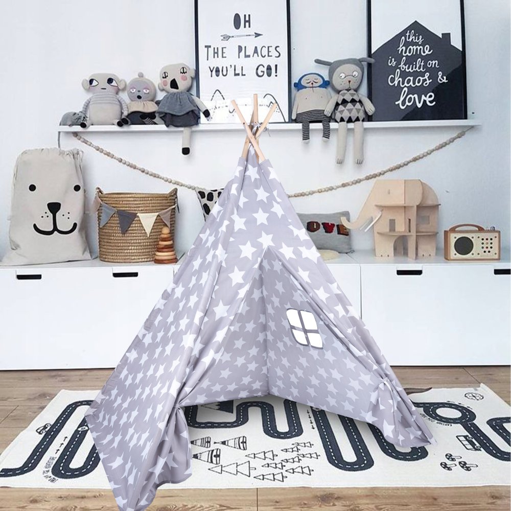 Bērnu Spēļu Tipi Stila Telts Māja Paviljons Vigvams, Pelēks | Teepee Style Kids Play Tent House Wigwam (9)