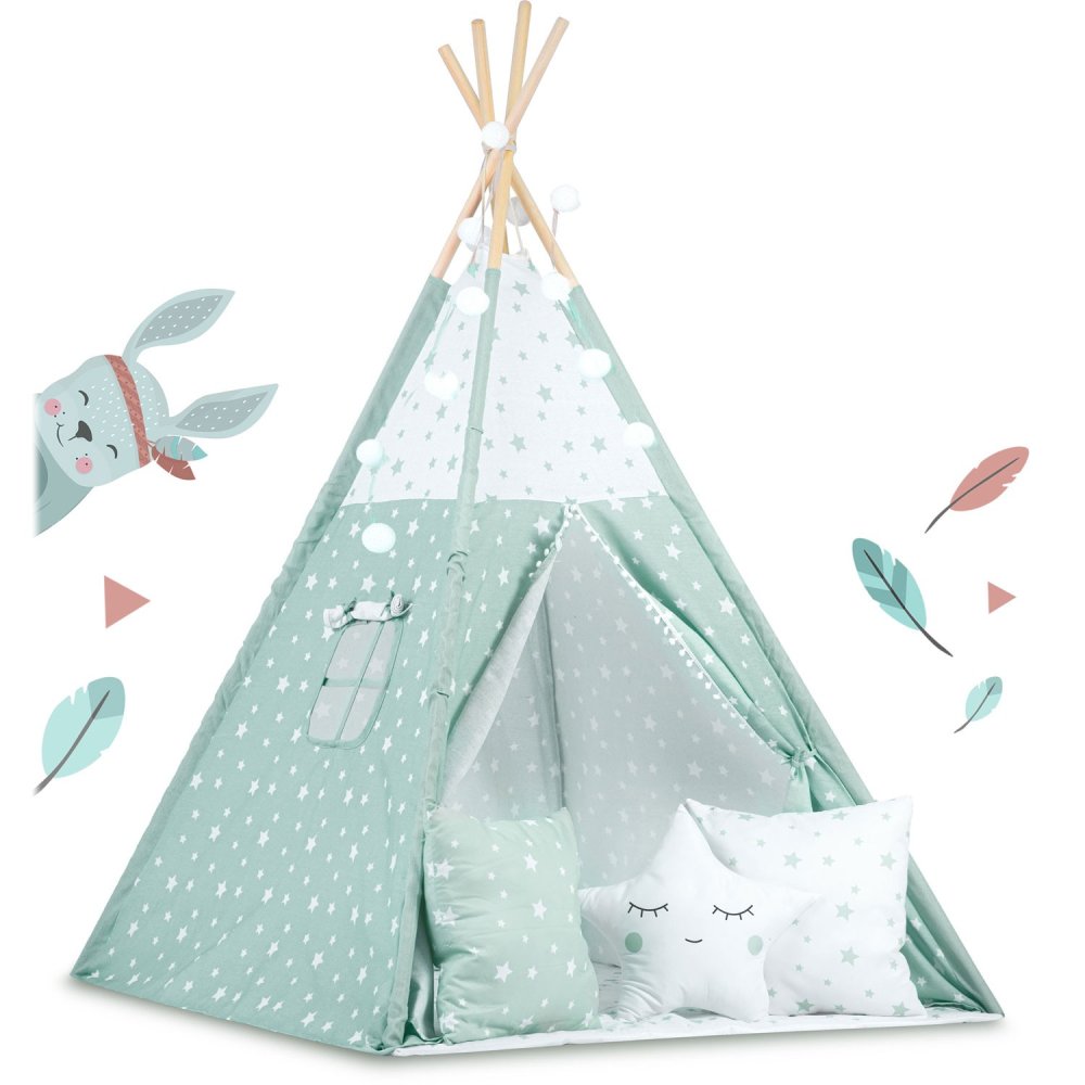 Bērnu telts tipi ar apgaismojumu - piparmētras krāsa, ar zvaigznēm | Tent Tipi for Children (1)