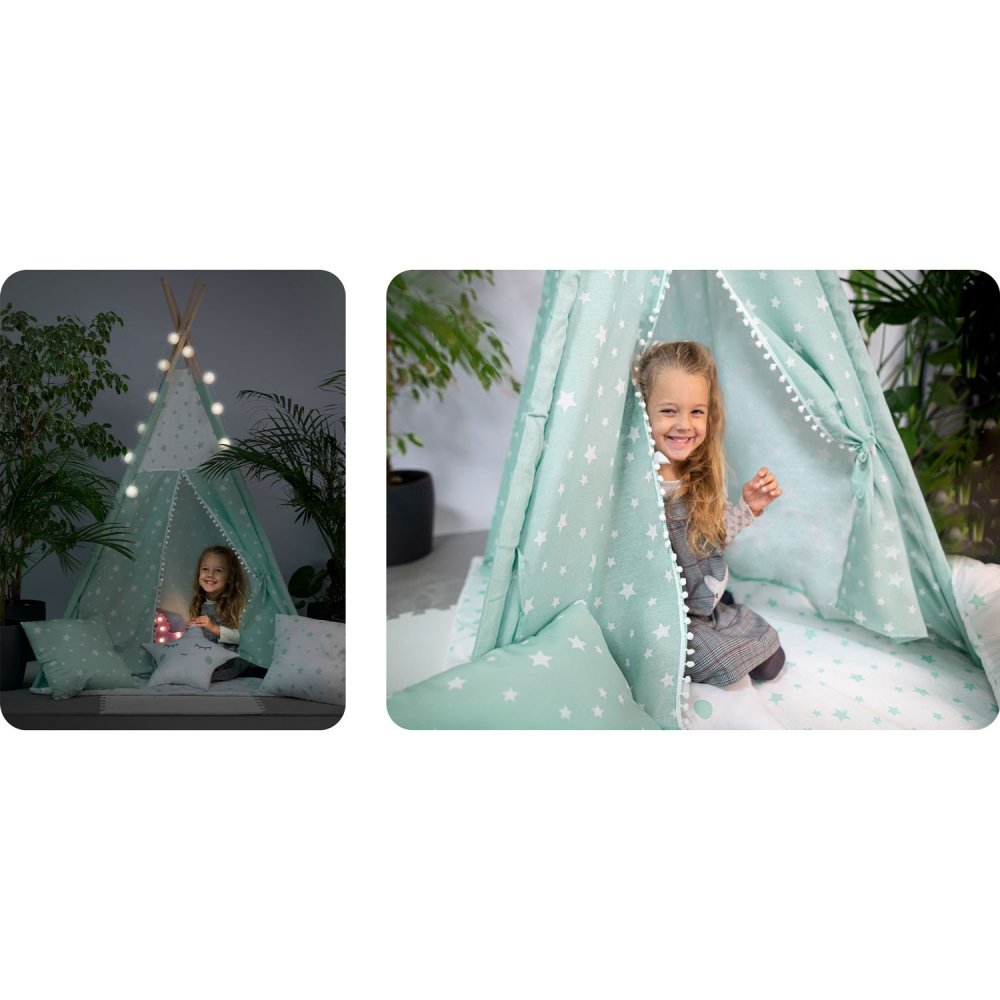 Bērnu telts tipi ar apgaismojumu - piparmētras krāsa, ar zvaigznēm | Tent Tipi for Children (2)