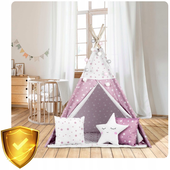 Nukido Bērnu Tipi Telts Vigvams ar Apgaismojumu, Rozā zvaigznes | Children Tent Tipi with Lights (2)