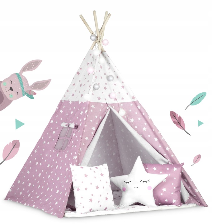 Nukido Bērnu Tipi Telts Vigvams ar Apgaismojumu, Rozā zvaigznes | Children Tent Tipi with Lights (3)