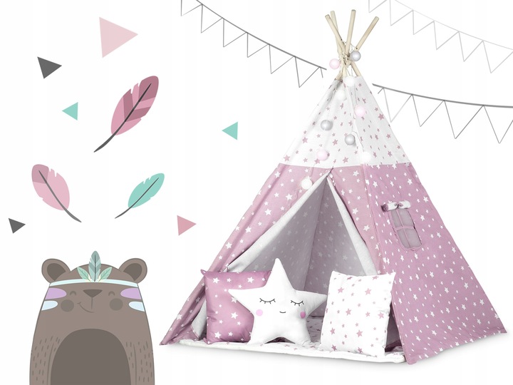 Nukido Bērnu Tipi Telts Vigvams ar Apgaismojumu, Rozā zvaigznes | Children Tent Tipi with Lights (5)