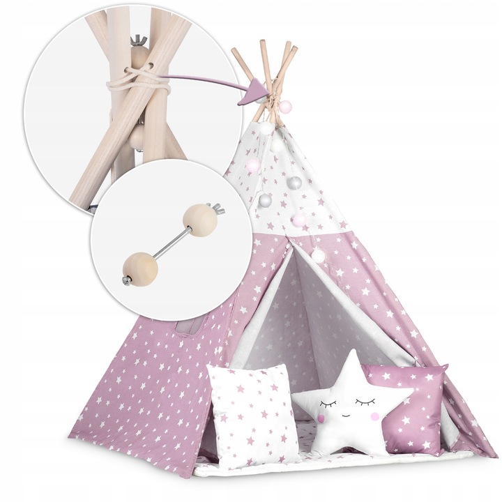 Nukido Bērnu Tipi Telts Vigvams ar Apgaismojumu, Rozā zvaigznes | Children Tent Tipi with Lights (6)