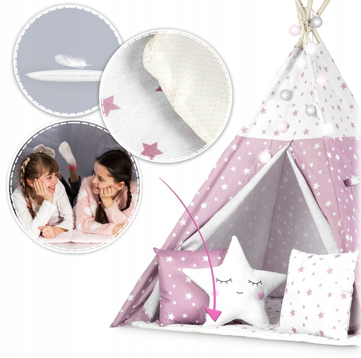 Nukido Bērnu Tipi Telts Vigvams ar Apgaismojumu, Rozā zvaigznes | Children Tent Tipi with Lights (11)