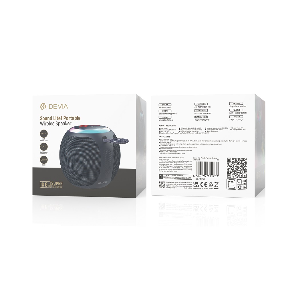 Pārnēsājams Bluetooth skaļrunis Devia Lite1 ar RGB apgaismojumu, zils (0)