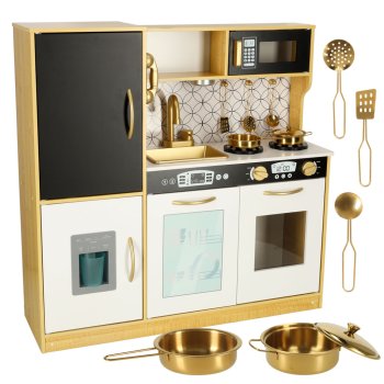 Bērnu koka virtuve ar ledusskapi un krīta tāfeli LULILO, Zelta | Kids Wooden Kitchen with Refrigerator