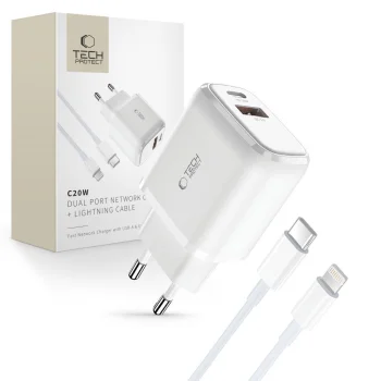 Tech-Protect C20W tīkla lādētājs USB-C PD 20W / USB-A QC 3.0 un kabelis Lightning - balts