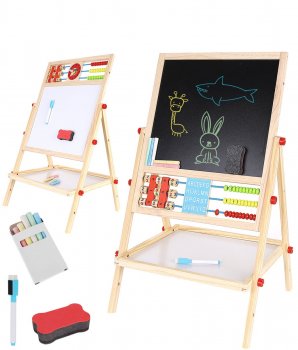 Bērnu divpusēja magnētiskā zīmēšanas tāfele ar piederumiem skaitītājs pulkstenis, komplekts 67х41х32сm, koka | Children's Double-sided Drawing Board