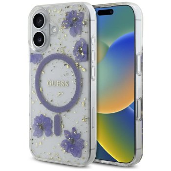 Guess Resin Flowers Glitter MagSafe vāciņš Apple iPhone 16, violets