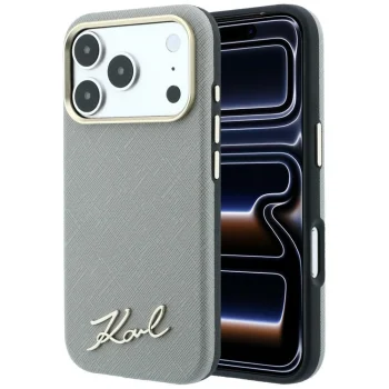 Karl Lagerfeld Saffiano Script Metal Logo MagSafe vāciņš iPhone 17/18 Pro Max, bēšs