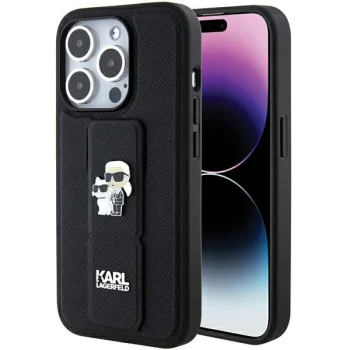 Karl Lagerfeld iPhone 15 Pro Max vāciņš Gripstand Saffiano Karl&Choupette, melns