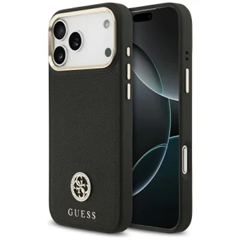 Guess iPhone 17 Pro Max vāciņš Grained Strass Logo MagSafe, melns