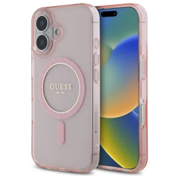 Guess iPhone 16 vāciņš IML Glitter Circle MagSafe, rozā