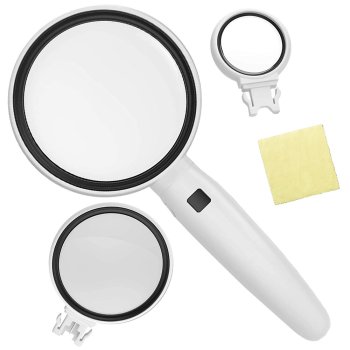 Handheld Magnifying Glass with LED Light & 3 Interchangeable Lenses, White