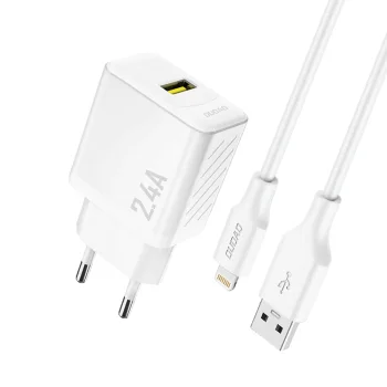 Сетевое зарядное устройство Dudao A23LEU GaN USB-A 2.4A с кабелем Lightning, белое