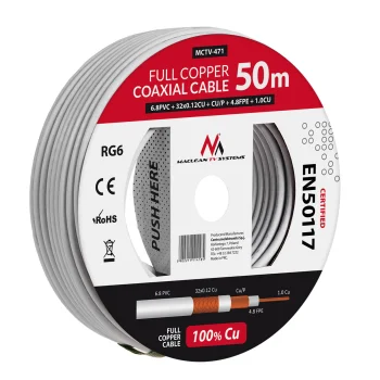 Maclean MCTV-471 RG6 koaksiālais antenas kabelis 50m Cu
