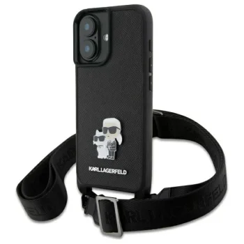 Чехол Karl Lagerfeld для iPhone 16 Saffiano Karl&Choupette Metal Pin с ремешком, черный