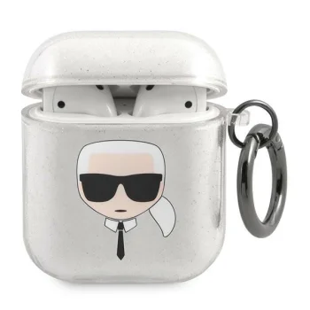 Чехол Karl Lagerfeld для AirPods 1 / 2 Glitter Karl's Head, серебристый