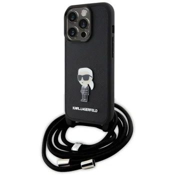 Karl Lagerfeld iPhone 15 Pro vāciņš Saffiano Ikonik Monogram Crossbody, melns