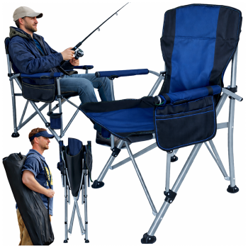 Folding Fishing and Camping Chair with Armrests and Cup Holder, Navy Blue