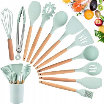 Kitchen Accessories, Set of 12 Pieces, Silicone Utensils, Mint Colour