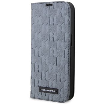 Karl Lagerfeld iPhone 14 atverams vāciņš maciņš grāmatiņa Saffiano Mono, sudraba