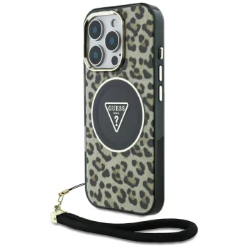 Guess HC IML Leopard Triangle Cord Strap MagSafe чехол для iPhone 16 Pro Max - коричневый