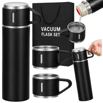 Travel Thermos Flask 400ml with 3 Cups Stainless Steel, Black