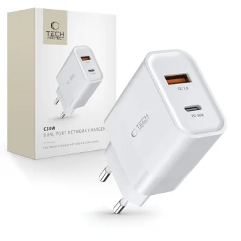 Tech-Protect C30W tīkla lādētājs USB-C PD 30W / USB-A QC 3.0, balts
