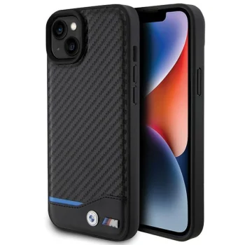 BMW iPhone 15 Plus vāciņš Leather Carbon, melns